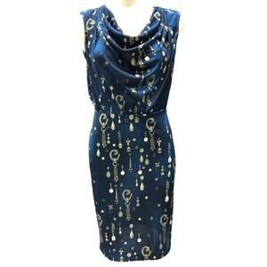 Carmen Marc Valvo Diamond Pearl Print Navy Blue Sleeveless Dress S